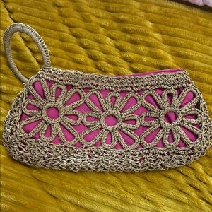 Pink and Tan Crochet Flower Handbag